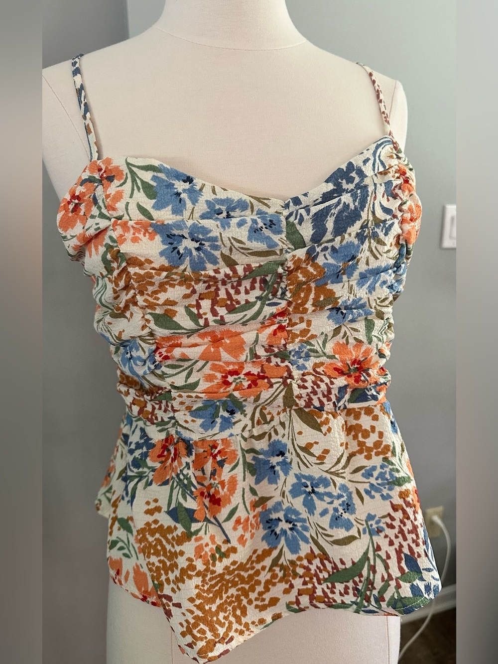 Floral Ruched Spaghetti Strap Top - Blue & Orange